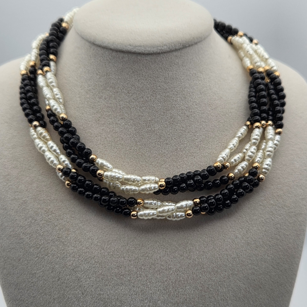 Vintage Long Black and White Beaded Torsade  Necklace